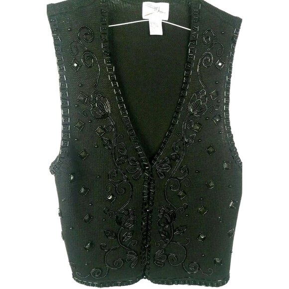 Festive Black Beaded Holiday Knit Vest Size Large Button Front Vintage - Picture 1 of 9